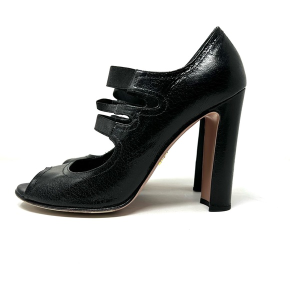 PRADA black crinkled leather, peep toe Mary Jane heels, made in Italy size 39.5 - Picture 7 of 12
